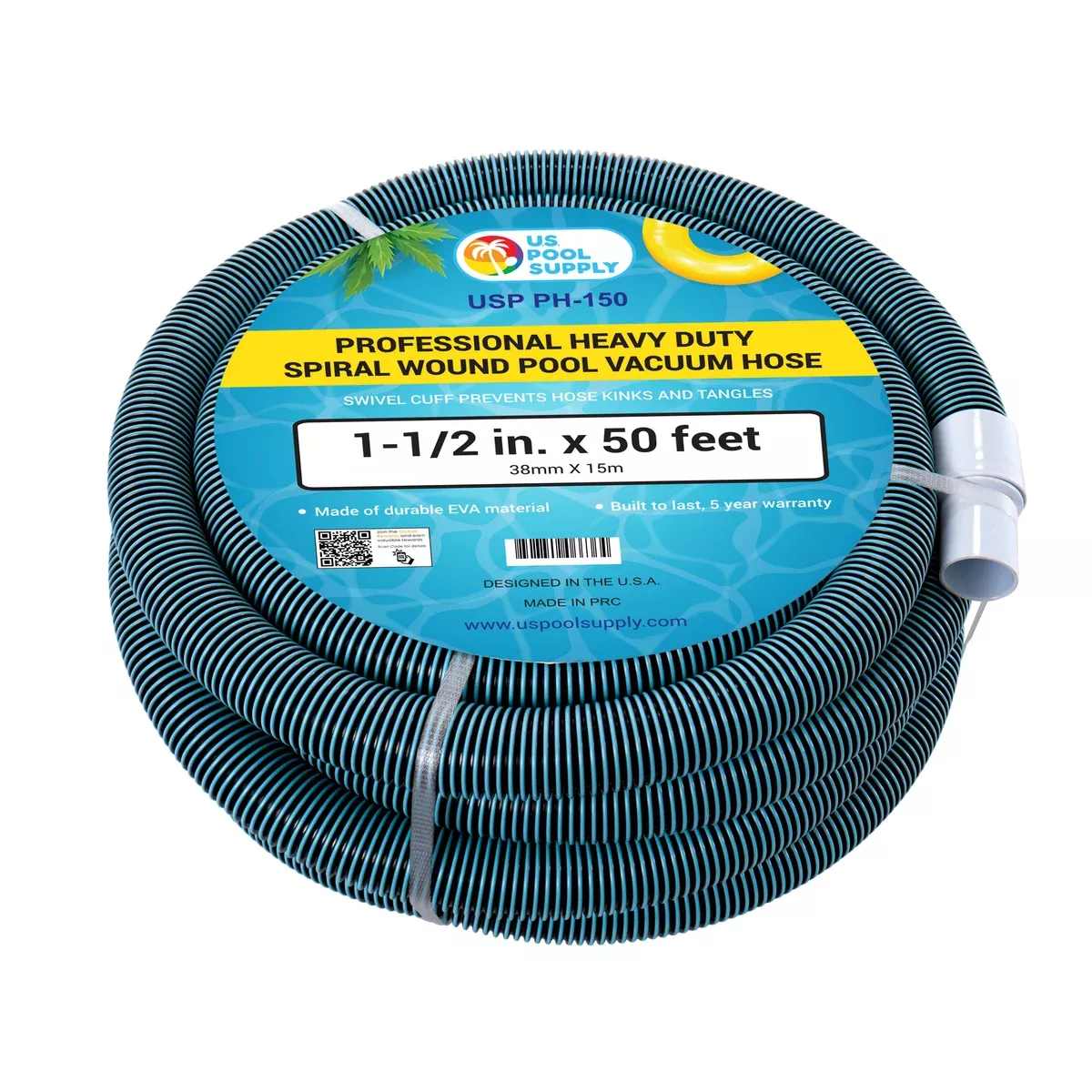 1-1/2" x 50 Foot Heavy Duty Spiral Wound Swimming Pool Vacuum Hose with Kink-Free Swivel Cuff, Flexible - Connect to Vacuum Heads