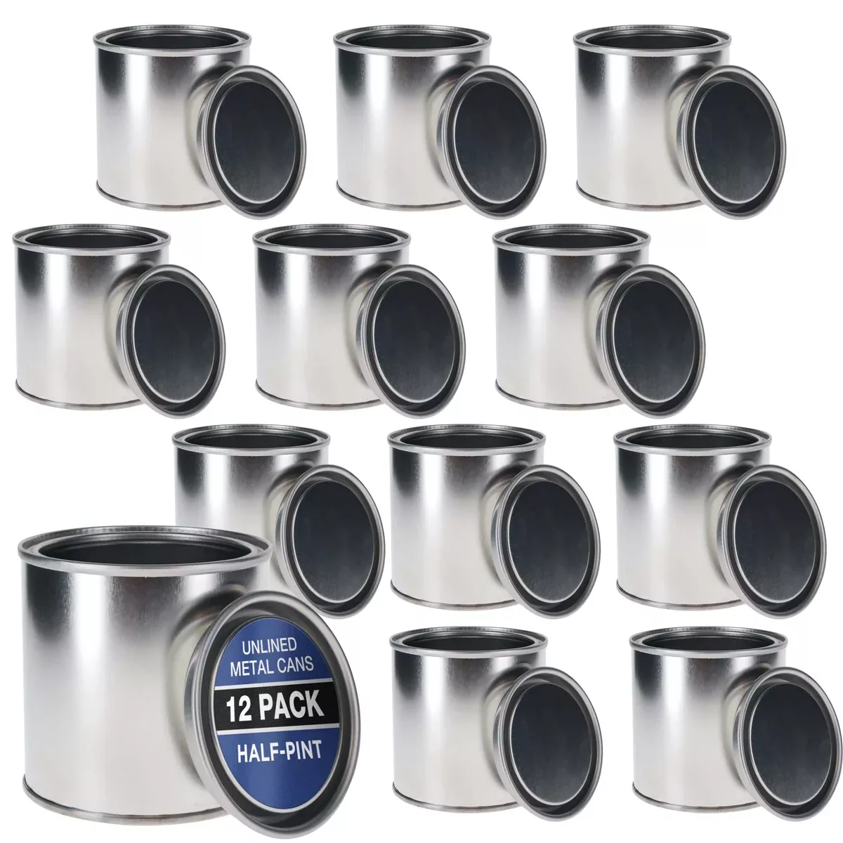1/2 Pint Unlined Empty Metal Paint Can Bucket with Lids, Pack of 12 - Triple Tight Lid Seal, 8 fl. oz. Steel Coating Storage Container Tin - Store