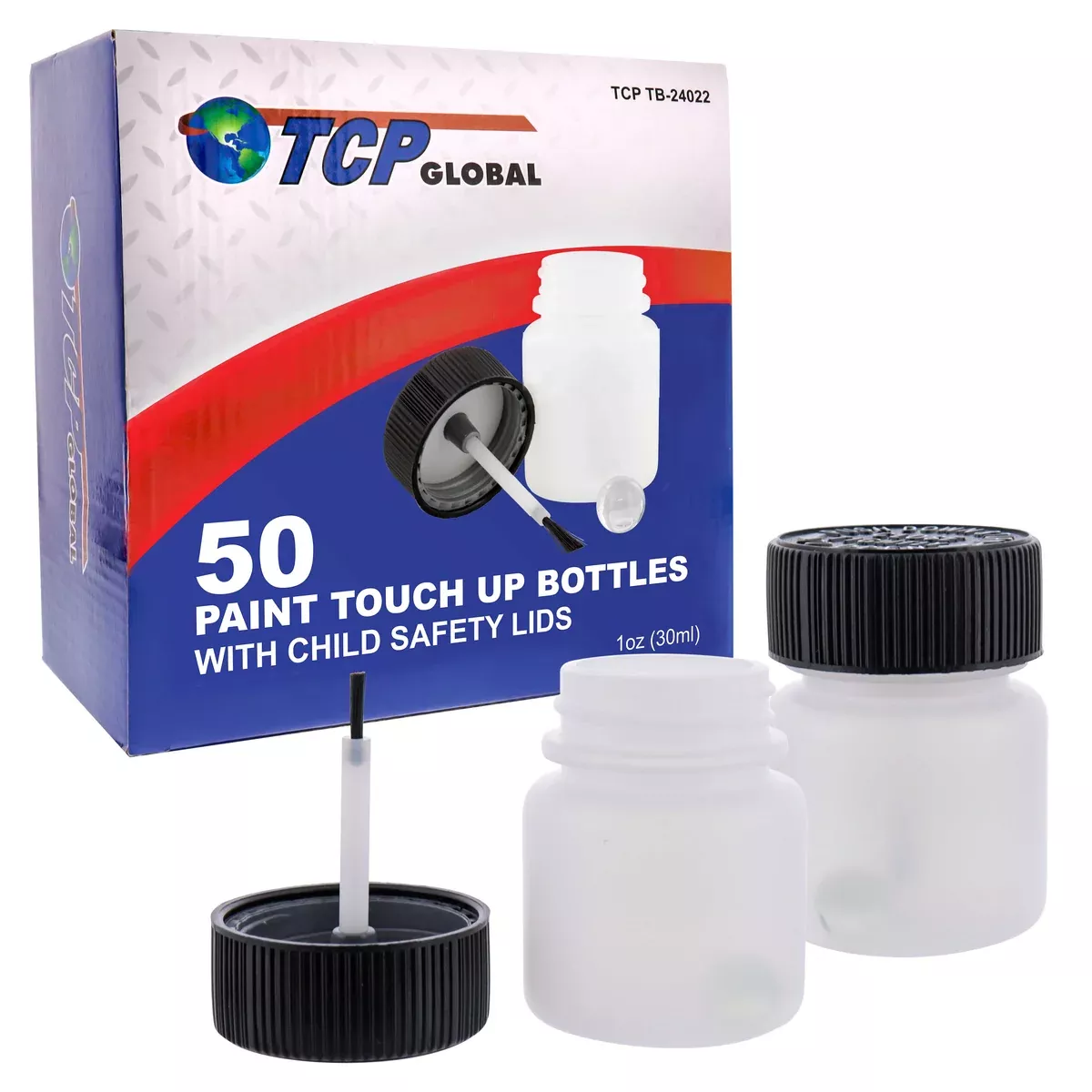 1-Ounce Paint Touch-Up Bottles with Safety Lids (Box of 50), Mixing Ball, and Applicator Brush - 30ml Fluid Capacity for Auto, Car, and Craft Projects