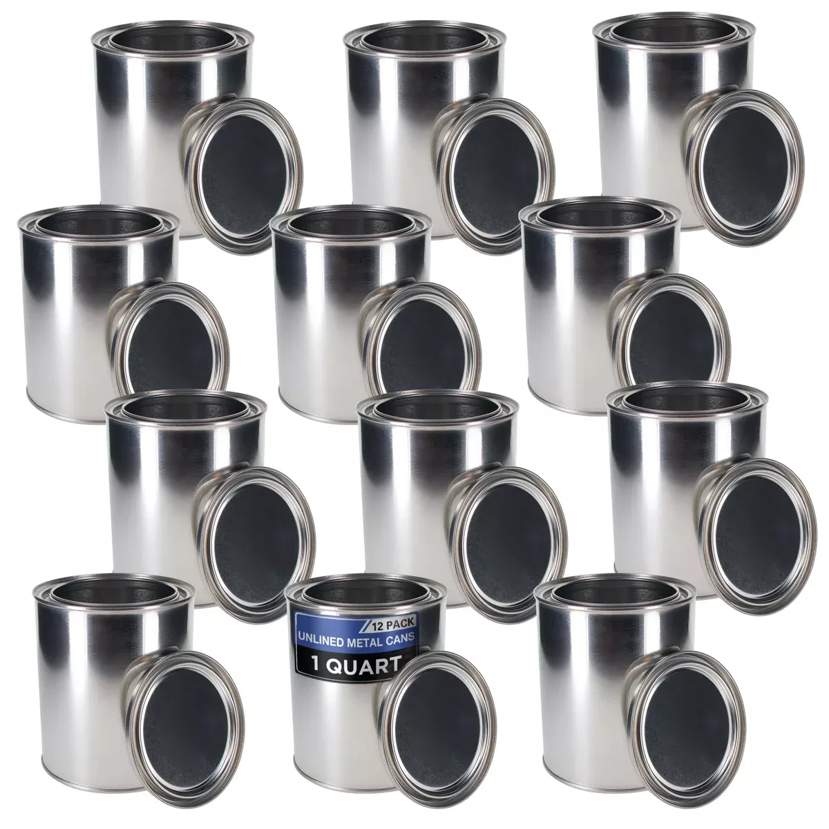 1 Quart Unlined Empty Metal Paint Can Bucket with Lids, Pack of 12 - Triple Tight Lid Seal, 32 fl. oz. Steel Coating Storage Container Tin - Store
