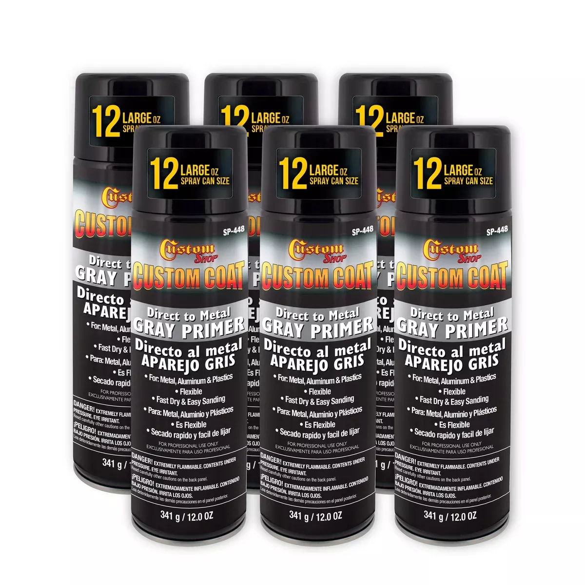 1K High Build Primer Spray Paint (6 Pack) - 12 Oz Grey - Automotive Sandable Primer for Metal, Plastic, Fiberglass - Direct to Metal - Easy Sanding