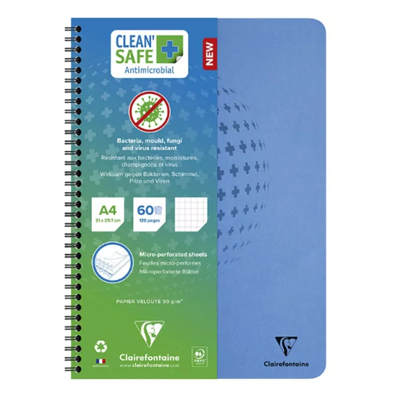 CLAIREFONTAINE Clean’Safe Wirebound Notebook A4 90g 120s 5×5 Sq Blue