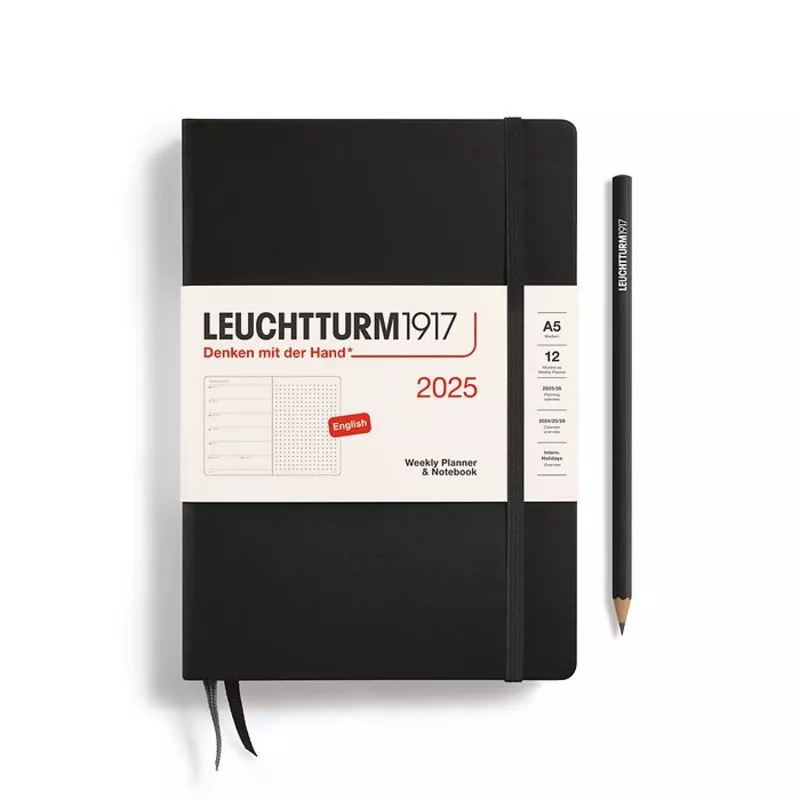*Clearance* Leuchtturm1917 – 2025 Weekly Planner & Notebook Hardcover (A5), Dotted – Black (Current Year)