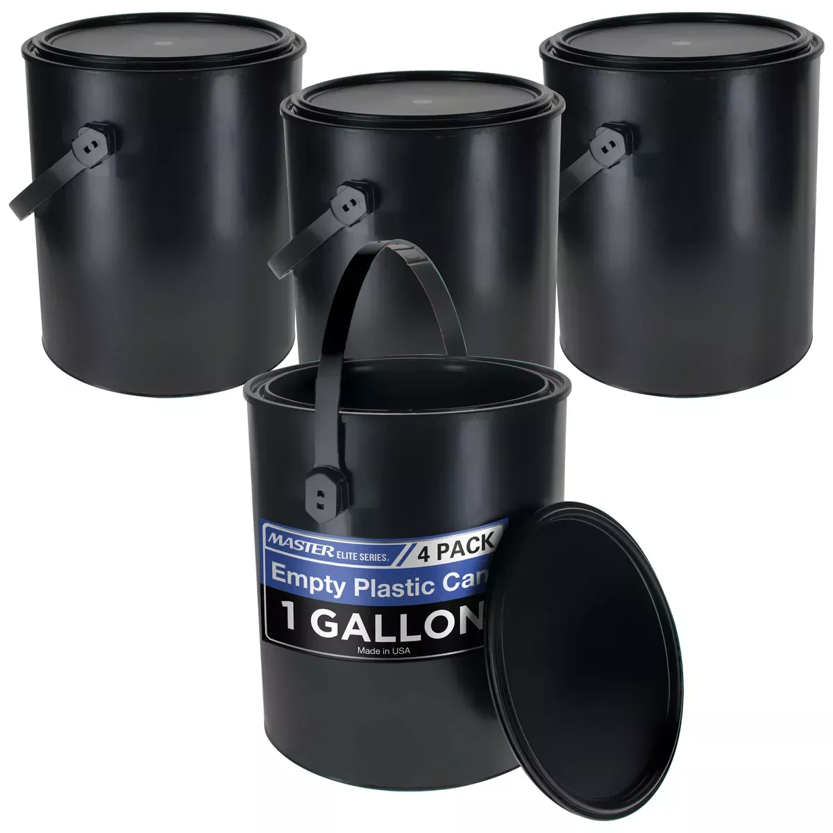 Master Elite 1 Gallon Empty Plastic Paint Can Bucket, Pack of 4 - Triple Lock Airtight Lid Seal, 128 fl. oz. All-Plastic Coating Storage Can, Handle