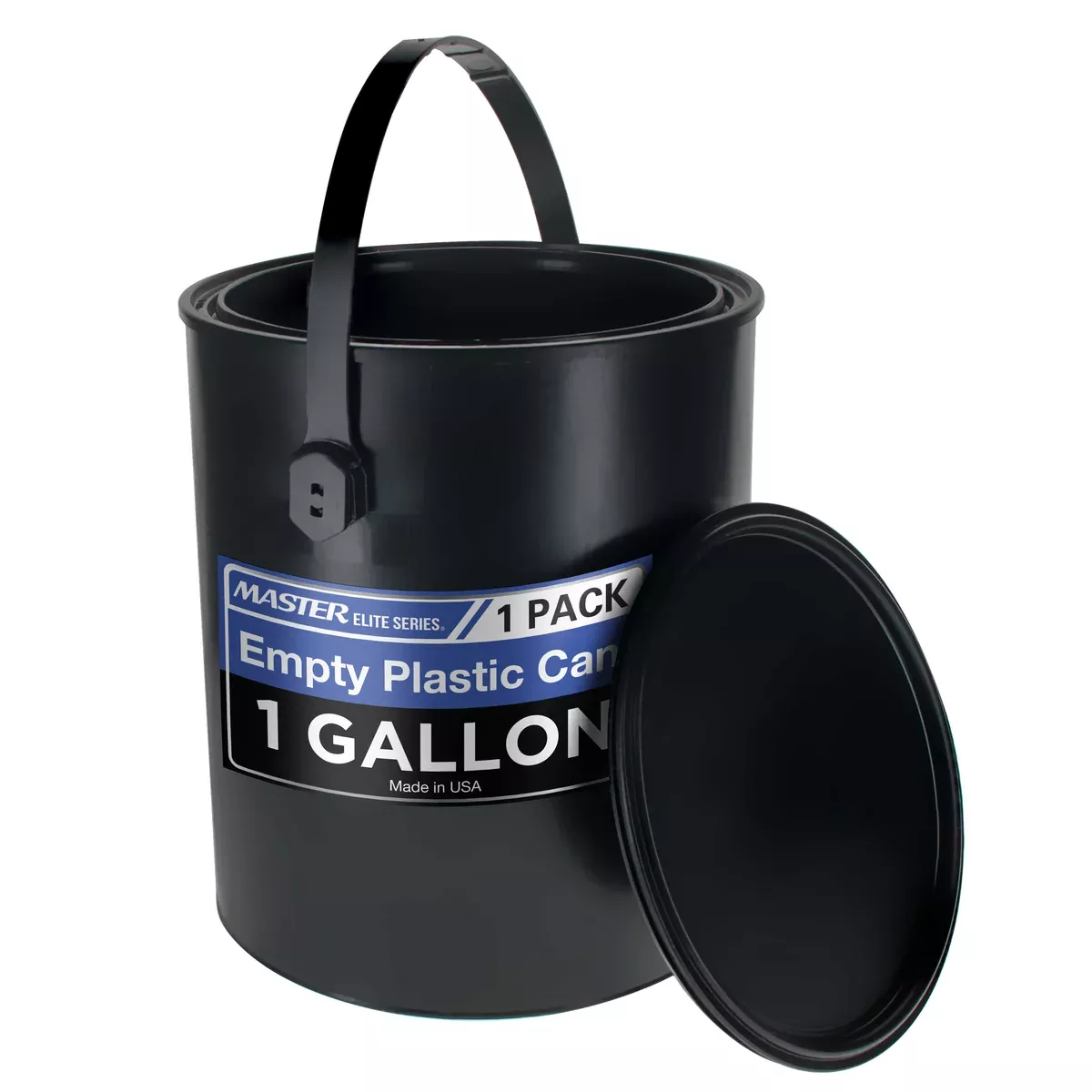 Master Elite 1 Gallon Empty Plastic Paint Can Bucket - Triple Lock Airtight Lid Seal, 128 fl. oz. All-Plastic Coating Storage, Pail Handle, Rust Proof