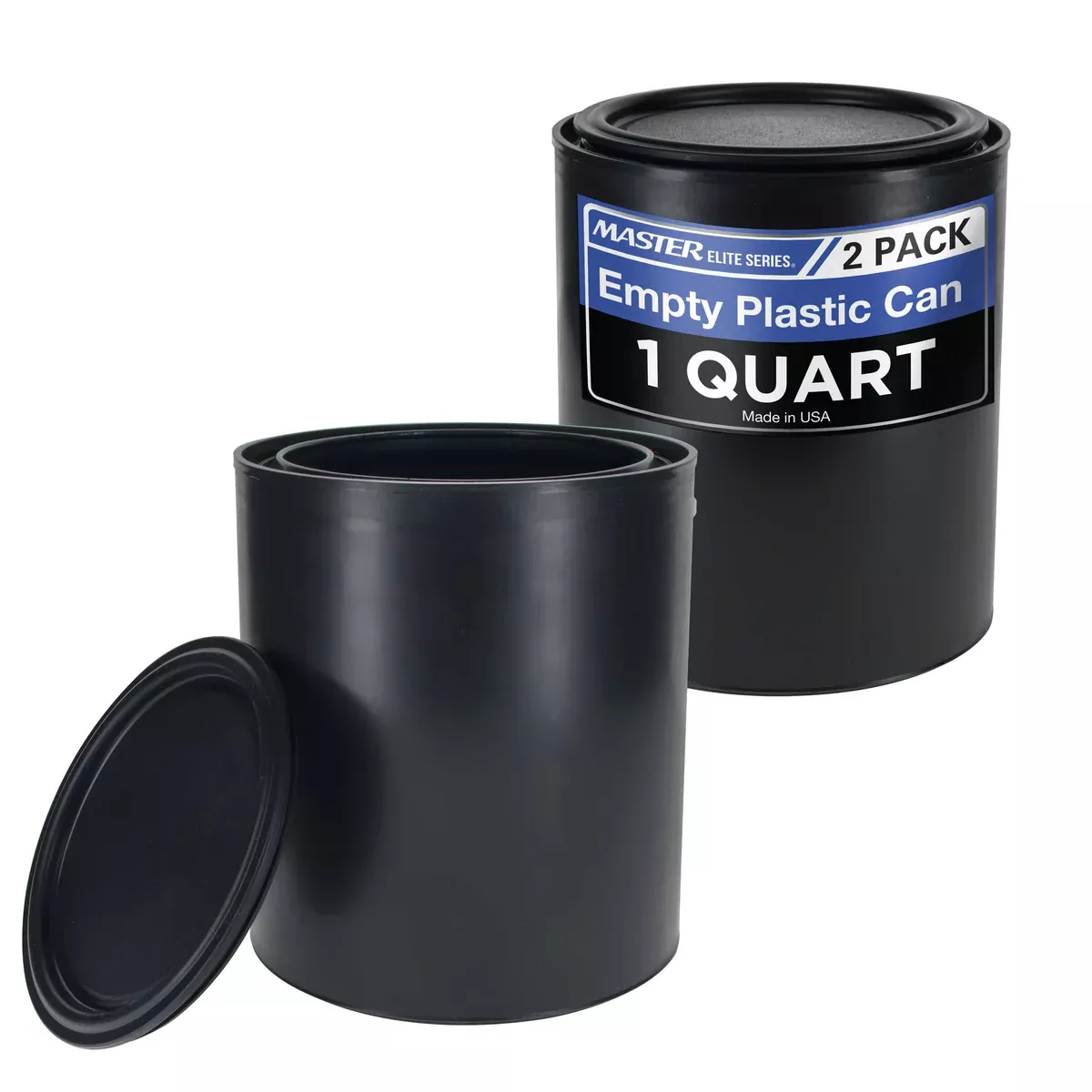 Master Elite 1 Quart Empty Plastic Paint Can Bucket, Pack of 2 - Triple Lock Airtight Lid Seal, 32 fl. oz. All-Plastic Coating Storage Can Pail Handle