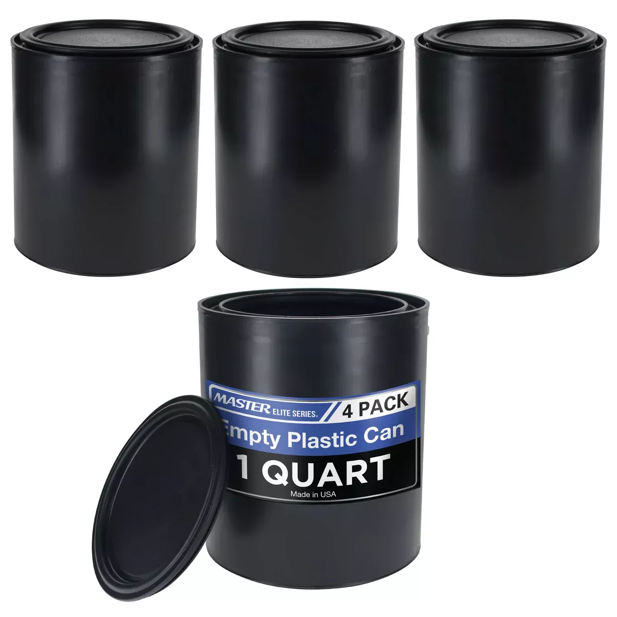 Master Elite 1 Quart Empty Plastic Paint Can Bucket, Pack of 4 - Triple Lock Airtight Lid Seal, 32 fl. oz. All-Plastic Coating Storage Can Pail Handle