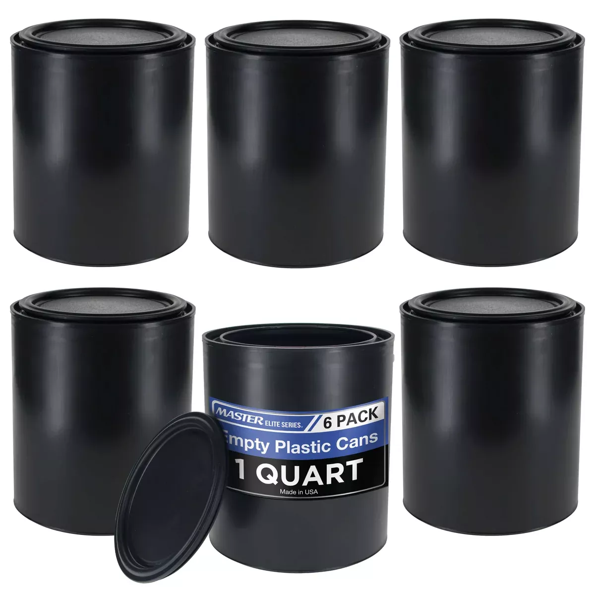 Master Elite 1 Quart Empty Plastic Paint Can Bucket, Pack of 6 - Triple Lock Airtight Lid Seal, 32 fl. oz. All-Plastic Coating Storage Can Pail Handle