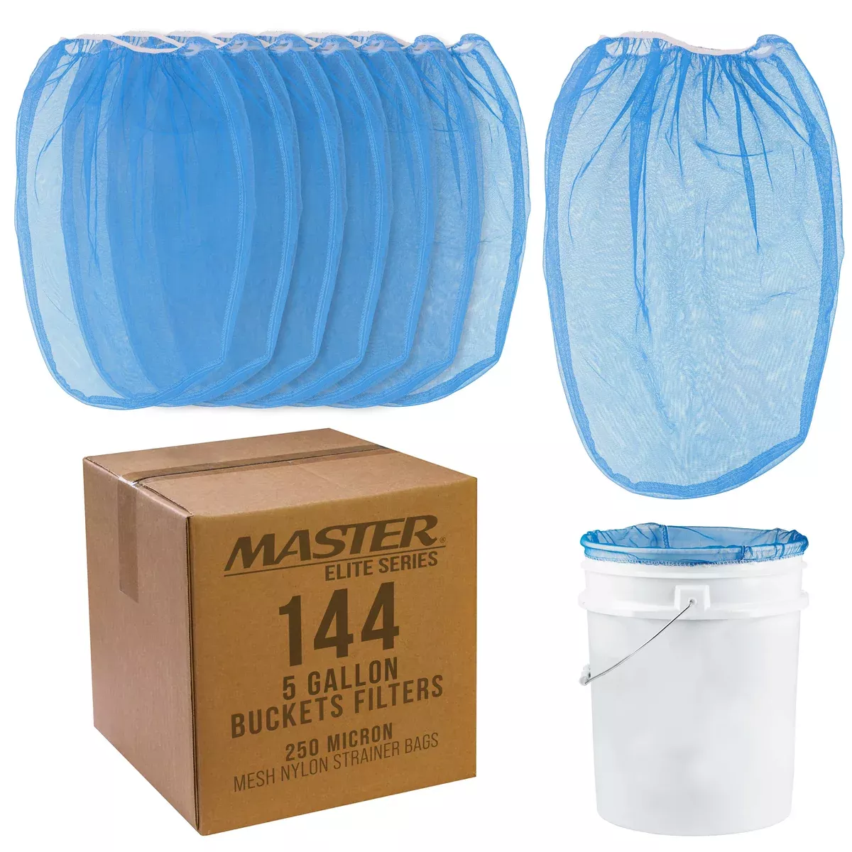 Master Elite 5 Gallon Paint & Liquid Strainer Filter Bag with Pure Blue Fine Nylon Mesh, Pack of 36 - Used in 5 Gallon Buckets
