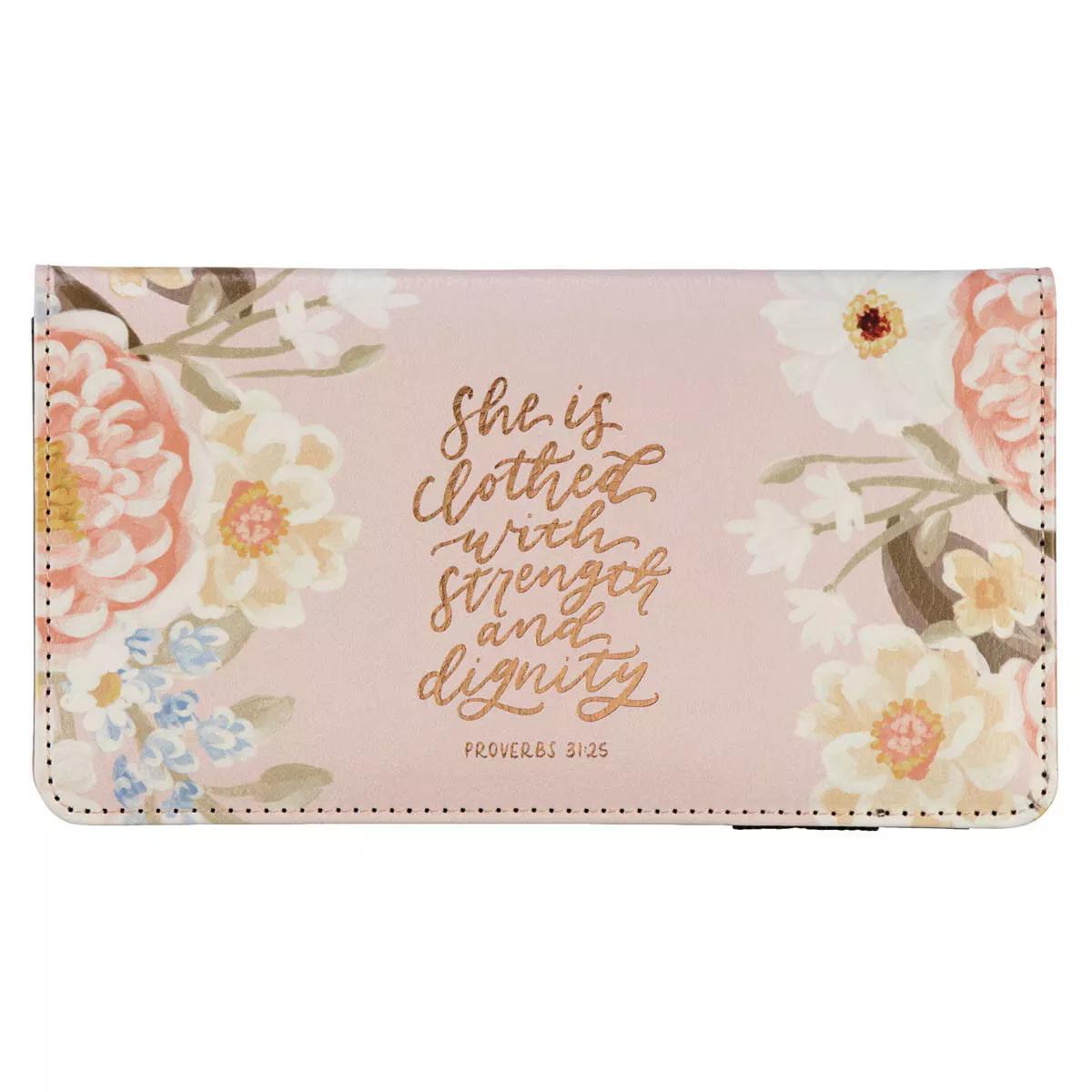 Strength and Dignity Margo Pink Floral Faux Leather Checkbook Wallet – Proverbs 31:25