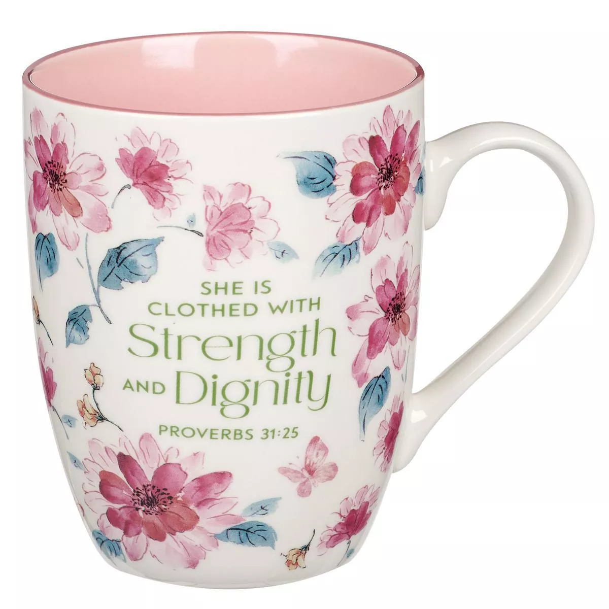 Strength and Dignity Pink Floral Ceramic Coffee Mug – Proverbs 31:25